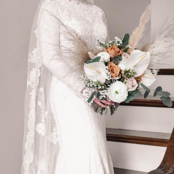 Long Sleeve Illusion Boho Style Fit & Flare Wedding Dress - Picture 2 of 7